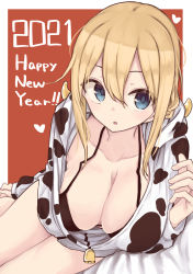 Rule 34 | 1girl, 2021, :o, absurdres, animal costume, bell, bikini, bikini under clothes, black bikini, blonde hair, blue eyes, border, breasts, cleavage, collarbone, cow costume, dutch angle, hair between eyes, happy new year, heart, highres, kinpatsu-chan (rucchiifu), large breasts, legs together, long hair, long sleeves, looking at viewer, lying, new year, on side, original, outside border, parted lips, red background, rucchiifu, sidelocks, simple background, solo, swimsuit, white border