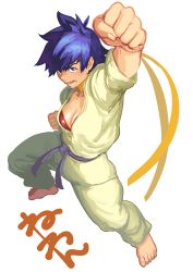 Rule 34 | 1girl, barefoot, belt, black belt, black hair, bra, breasts, capcom, cleavage, clenched hands, commentary request, dougi, downblouse, karate gi, makoto (street fighter), martial arts belt, medium breasts, neone, punching, red bra, short hair, solo, spiked hair, strapless, strapless bra, street fighter, street fighter iii (series), tomboy, underwear, uppercut