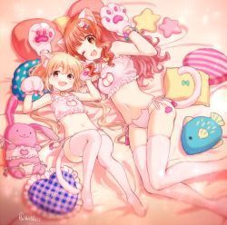 Rule 34 | 10s, 2girls, :3, animal ears, animal hands, bell, blonde hair, blush, breasts, brown eyes, brown hair, cat cutout, cat ear panties, cat ears, cat lingerie, cat paws, choker, cleavage, cleavage cutout, clothing cutout, fang, frilled pillow, frills, futaba anzu, gloves, hair ornament, heart, heart-shaped pillow, idolmaster, idolmaster cinderella girls, jingle bell, kurasaki moroko, long hair, looking at viewer, lying, matching outfits, medium breasts, meme attire, moroboshi kirari, multiple girls, navel, on back, on side, one eye closed, open mouth, panties, paw gloves, pillow, side-tie panties, small breasts, smile, star (symbol), star hair ornament, stuffed animal, stuffed rabbit, stuffed toy, thighhighs, twitter username, underwear, underwear only