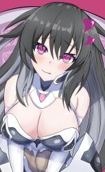 Rule 34 | 1girl, :q, absurdres, bare shoulders, black hair, blush, breasts, breasts squeezed together, cleavage, cleavage cutout, clothing cutout, covered navel, elbow gloves, gloves, gray sister (neptunia), grey hair, hair between eyes, head tilt, heart, highres, large breasts, leotard, long hair, maho (neptunia), multicolored hair, neptune (series), pink eyes, power symbol, smile, solo, stiris rangetsu, symbol-shaped pupils, tongue, tongue out, two-tone hair, v arms, valentine, very long hair, white gloves, white leotard