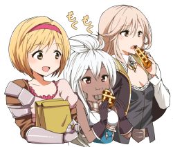 Rule 34 | 10s, 3girls, :d, :t, ahoge, amira (shingeki no bahamut), armor, armored dress, bag, black gloves, blonde hair, blush, breasts, brown hair, buttons, cleavage, collarbone, dark-skinned female, dark skin, detached collar, djeeta (granblue fantasy), dress, eating, eyebrows, fighter (granblue fantasy), food, food in mouth, food on face, frilled dress, frills, gauntlets, girl sandwich, gloves, granblue fantasy, hair between eyes, hair intakes, hairband, highres, holding, holding food, kidachi, long hair, long sleeves, looking at another, looking to the side, multiple girls, open mouth, orange eyes, paper bag, pie, pink dress, pink hair, puffy short sleeves, puffy sleeves, red eyes, red hairband, sandwiched, shingeki no bahamut, shingeki no bahamut: genesis, short hair, short sleeves, shoulder pads, simple background, small breasts, smile, tareme, upper body, white background, white hair, zooey (granblue fantasy)