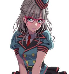 Rule 34 | 1girl, absurdres, aqua eyes, aqua hat, backlighting, belt, blouse, blush, braid, breasts, buttons, closed mouth, collared jacket, collared shirt, commentary request, crown braid, french braid, garrison cap, glasses, grey hair, hat, highres, jacket, lips, lipstick, long hair, looking at viewer, makeup, medium breasts, necktie, original, parted bangs, puffy short sleeves, puffy sleeves, red-framed eyewear, red necktie, shirt, short sleeves, simple background, smile, solo, standing, upper body, wavy hair, white background, white shirt, yamashita shun&#039;ya