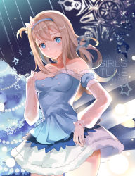 Rule 34 | 1girl, absurdres, bare shoulders, blonde hair, blue eyes, blue hairband, blush, breasts, character name, closed mouth, collarbone, commentary, copyright name, cowboy shot, detached sleeves, frilled sleeves, frills, fur-trimmed skirt, fur-trimmed sleeves, fur trim, girls&#039; frontline, hairband, hand on own chest, highres, li ai, long hair, long sleeves, looking at viewer, medium breasts, official alternate costume, one side up, skirt, sky, smile, snowflakes, solo, star (sky), star (symbol), starry sky, strapless, suomi (girls&#039; frontline), suomi (korvatunturi pixie) (girls&#039; frontline), symbol-only commentary, tareme, white skirt