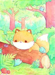 Rule 34 | :3, ahoge, animal, animal focus, artist name, bird, bisquii, blue bird, branch, bug, bush, chibi, closed mouth, foliage, forest, fox, friends, grass, leaf, log, looking at another, mushroom, nature, no humans, original, painting (medium), smile, traditional media, tree, watercolor (medium)