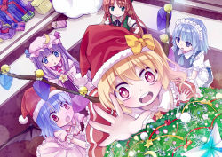 Rule 34 | 54hao, 5girls, ascot, bad id, bad pixiv id, bat wings, bell, blonde hair, blue dress, blue eyes, blue hair, box, capelet, christmas tree, climbing, comic, decorations, dress, female focus, flandre scarlet, gift, gift box, green eyes, hat, hong meiling, izayoi sakuya, multiple girls, outstretched arm, patchouli knowledge, pink dress, puffy sleeves, purple dress, purple eyes, purple hair, red dress, red eyes, red hair, remilia scarlet, santa hat, short sleeves, side ponytail, silver hair, smile, striped clothes, striped dress, touhou, wings