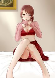 Rule 34 | 1girl, 1mm (norizo), :d, bare legs, barefoot, blush, bra, breasts, brown eyes, brown hair, cameltoe, cleavage, clothes lift, floral print, highres, idolmaster, idolmaster cinderella girls, knees up, light blush, long sleeves, looking at viewer, medium breasts, mifune miyu, on bed, open mouth, panties, pink sweater, portrait (object), red bra, red panties, red skirt, ribbed sweater, sidelocks, sitting, skirt, smile, sweater, sweater lift, turtleneck, turtleneck sweater, underwear