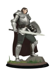 Rule 34 | 1boy, absurdres, armor, armored boots, belt, black hair, black pants, boots, breastplate, cape, fantasy, full body, gauntlets, grass, highres, holding, holding shield, holding sword, holding weapon, knight, long hair, original, pants, pauldrons, pouch, rock, serious, shield, shoulder armor, simple background, sonech, standing, sword, weapon, white background