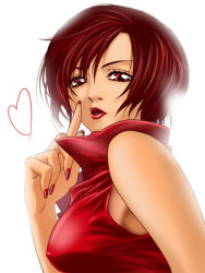 Rule 34 | 1girl, bare shoulders, breasts, covered erect nipples, fenrir (fenlil0316), from side, halterneck, heart, high collar, index finger raised, large breasts, lips, lipstick, makeup, meiko (vocaloid), nail polish, red eyes, red hair, short hair, solo, vocaloid