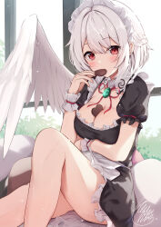 Rule 34 | 1girl, alternate costume, apron, ass, black dress, blush, braid, breasts, candy, chocolate, chocolate heart, cleavage, dress, enmaided, feathered wings, feet out of frame, food, frilled sleeves, frills, grey hair, heart, highres, kishin sagume, large breasts, looking at viewer, maid, maid apron, maid headdress, niko kusa, red eyes, short hair, short sleeves, signature, single wing, solo, touhou, white apron, white wings, wings