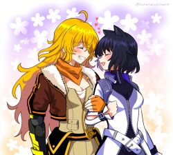 Rule 34 | 2girls, ahoge, animal ears, belt, black hair, blake belladonna, blonde hair, breasts, brown jacket, cat ears, cleavage, fingerless gloves, floral background, gloves, heart, jacket, large breasts, locked arms, long hair, looking at another, mechanical arms, multiple girls, noratanukimaru, open mouth, orange scarf, overalls, prosthesis, prosthetic arm, rwby, scarf, short hair, single mechanical arm, smile, twitter username, upper body, very long hair, yang xiao long, yuri, zipper