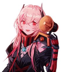 Rule 34 | 1girl, :d, black coat, black jumpsuit, blush, coat, dinergate (girls&#039; frontline), gas mask, girls&#039; frontline, gloves, hair between eyes, hand up, headgear, jumpsuit, long hair, looking at viewer, m4 sopmod ii (girls&#039; frontline), m4 sopmod ii (mod3) (girls&#039; frontline), mask, megaphone, mod3 (girls&#039; frontline), multicolored hair, open clothes, open coat, open mouth, pink hair, prosthesis, prosthetic arm, red eyes, red hair, ro635 (girls&#039; frontline), short jumpsuit, sidelocks, silence girl, simple background, sleeveless jumpsuit, smile, solo, spoilers, streaked hair, upper body, white background