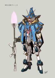 Rule 34 | absurdres, blue eyes, clenched hand, dated, gundam, gundam walpurgis, hat, highres, holding, holding staff, mecha, no humans, original, regzshutel2, robot, science fiction, simple background, solo, staff, standing, v-fin, white background, witch, witch hat, wizard
