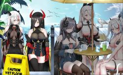 Rule 34 | 5girls, absurdly long hair, absurdres, aegir (azur lane), august von parseval (azur lane), azur lane, bare shoulders, beach umbrella, bikini, bird, black0975, black bikini, black cape, black choker, black dress, black gloves, black hair, black legwear, black necktie, black ribbon, black skirt, black sleeves, blue dress, bodystocking, braid, breast curtains, breasts, brown legwear, buttons, cake, cake slice, cape, cat, choker, cleavage, cleavage cutout, clothing cutout, covered navel, crop top, cross, cross-laced clothes, cross earrings, cube, cup, curled horns, demon horns, detached sleeves, double-breasted, dress, drinking, earrings, elbow gloves, closed eyes, feet out of frame, female focus, flag print, food, friedrich der grosse (azur lane), gauntlets, german flag bikini, gloves, gold trim, hair between eyes, hair over one eye, hair ribbon, hand on own hip, high-waist skirt, highres, holding, holding plate, horns, iron blood (emblem), iron cross, jewelry, large breasts, long hair, looking at viewer, mechanical horns, microskirt, multicolored hair, multiple girls, necktie, official alternate costume, outdoors, palm tree, plate, prinz eugen (azur lane), prinz eugen (unfading smile) (azur lane), prinz heinrich (azur lane), purple hair, red eyes, red gloves, red hair, red horns, ribbed shirt, ribbon, round table, seagull, shirt, single braid, sitting, skin tight, skirt, standing, steam, streaked hair, summer, sweat, swimsuit, table, talking, teacup, teapot, thigh strap, thighhighs, tree, two-tone hair, umbrella, underboob, underboob cutout, underbust, very long hair, water, white bird, white cat, white hair, yellow eyes, yellow umbrella, zettai ryouiki