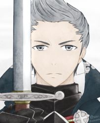 Rule 34 | 1boy, armor, closed mouth, collar, fire emblem, fire emblem fates, grey eyes, grey hair, holding, holding sword, holding weapon, looking at viewer, male focus, nintendo, portrait, silas (fire emblem), solo, sou hiraura, sword, weapon