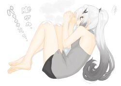 Rule 34 | 1girl, allial (coefont), backless shirt, bandaid, bandaid on knee, bandaid on leg, barefoot, black shorts, breasts, coefont, feet, fetal position, from above, gradient hair, grey eyes, grey hair, grey shirt, hair ornament, hands up, highres, legs, looking to the side, lying, multicolored hair, on side, open mouth, ponytail, shirt, shorts, sideboob, sidelocks, signature, simple background, sleeveless, sleeveless shirt, small breasts, soles, solo, toes, white background, white hair, yukkuri bitto