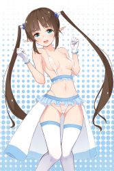 Rule 34 | 1girl, aqua eyes, bad id, bad pixiv id, bare shoulders, blush, bokokichi (you), breasts, covered erect nipples, elf, frills, gloves, hair bobbles, hair ornament, halftone, halftone background, highleg, highleg panties, highres, long hair, looking at viewer, navel, open mouth, original, panties, pointy ears, skirt, small breasts, solo, thighhighs, twintails, underwear, very long hair, white gloves, white panties, white thighhighs, wide hips