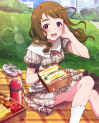 Rule 34 | 10s, 1girl, artist request, blanket, brown hair, character name, dress, eyebrows, food, idolmaster, idolmaster million live!, jpeg artifacts, long hair, looking at viewer, miyao miya, official art, park, picnic, picnic basket, plaid, sandwich, shoes, signature, sparkle, thermos