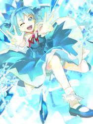 Rule 34 | 119, 1girl, 1ten, bloomers, blue eyes, blue hair, bobby socks, bow, cirno, double v, dress, hair bow, ice, ice wings, mary janes, matching hair/eyes, one eye closed, open mouth, shoes, socks, solo, touhou, underwear, v, wings, wink