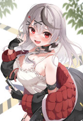 Rule 34 | 1girl, absurdres, belt, black belt, black choker, black gloves, black hair, black jacket, breasts, camisole, choker, cleavage, collarbone, ear ornament, earrings, fang, fingerless gloves, gloves, grey hair, hair ornament, heart, heart choker, heart hair ornament, highres, holding, holding phone, hololive, jacket, jewelry, kamimori kuuraku, large breasts, long hair, multicolored hair, o-ring, off-shoulder jacket, off shoulder, open mouth, phone, plaid, plaid skirt, red eyes, red jacket, red skirt, sakamata chloe, sakamata chloe (1st costume), skirt, solo, streaked hair, two-sided fabric, two-sided jacket, virtual youtuber, white camisole