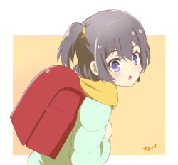 Rule 34 | aayh, adachi to shimamura, backpack, bag, black hair, blush, brown background, character request, chestnut mouth, commentary request, green jacket, hair between eyes, jacket, long sleeves, looking at viewer, looking to the side, one side up, parted lips, purple eyes, randoseru, scarf, simple background, solo, two-tone background, upper body, white background, yellow scarf