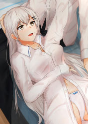 Rule 34 | 1boy, 1girl, absurdres, bed, black pants, bottle, breasts, collarbone, cup, girls&#039; frontline, grey eyes, grey hair, hair ornament, hairclip, hand on another&#039;s head, hand on headwear, hand up, highres, huge filesize, jewelry, long hair, looking up, medium breasts, muteppona hito, navel, no pants, panties, pants, ring, room, shirt, svd (girls&#039; frontline), underwear, white panties, white shirt