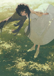 Rule 34 | 1girl, black hair, blue eyes, dappled sunlight, dress, full body, grass, green theme, highres, leaning forward, long hair, looking at viewer, open mouth, original, potg (piotegu), shadow, shoes, smile, solo, standing, sunlight, white dress, white footwear