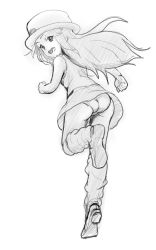 Rule 34 | 1girl, ass, bare shoulders, clenched hands, creatures (company), female focus, from behind, full body, game freak, greyscale, happy, hat, highres, kneehighs, leaf (pokemon), leg up, long hair, looking at viewer, looking back, mal (malmlamal), miniskirt, monochrome, nintendo, open mouth, panties, pantyshot, pokemon, pokemon frlg, running, shirt, shoes, simple background, sketch, skirt, sleeveless, sleeveless shirt, smile, socks, solo, underwear, upskirt, white background