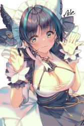 Rule 34 | 1girl, :3, aile (crossroads), artist name, azur lane, black hair, blush, breasts, cheshire (azur lane), cleavage, commentary request, dress, earrings, eyelashes, green hair, headdress, jewelry, large breasts, maid, multicolored eyes, multicolored hair, paw pose, sidelocks, solo, streaked hair, waving