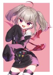 Rule 34 | 1girl, :d, ahoge, animal ear legwear, bag, black jacket, blush, brown background, cat ear legwear, commentary request, demon wings, fangs, gradient hair, grey hair, jacket, long sleeves, looking at viewer, makaino ririmu, multicolored hair, nijisanji, off-shoulder jacket, off shoulder, open mouth, pointy ears, red eyes, red hair, red wings, shoulder bag, sidelocks, sleeves past fingers, sleeves past wrists, smile, solo, striped clothes, striped thighhighs, thighhighs, twintails, two-tone background, virtual youtuber, white background, wings, yamabukiiro