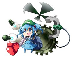 Rule 34 | 1girl, backpack, bag, blue eyes, blue hair, chibi, hair bobbles, hair ornament, hat, highres, kawashiro nitori, machinery, matching hair/eyes, missile, open mouth, propeller, shigatsu shizuki, solo, touhou, twintails, two side up, white background, wrench