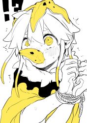 Rule 34 | !?, 1boy, banana, banana peel, blush, bound, bound wrists, cape, drooling, food, fruit, highres, male focus, object in mouth, object on head, original, partially colored, sexually suggestive, shinagire, short hair, short hair with long locks, solo, @ @, yellow eyes