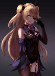 Rule 34 | 1girl, angdo (kakajo26), bare shoulders, black dress, black gloves, blonde hair, bow, bowtie, breasts, brown thighhighs, cowboy shot, detached sleeves, dress, eyepatch, fischl (genshin impact), garter straps, genshin impact, gloves, gradient background, green eyes, hair ornament, hair over one eye, hand up, highres, long hair, long sleeves, looking at viewer, medium breasts, single leg pantyhose, single thighhigh, solo, standing, thighhighs, thighs, two side up, v, very long hair