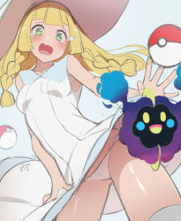Rule 34 | 1girl, blonde hair, blunt bangs, blush, braid, breasts, collared dress, commentary request, cosmog, creatures (company), crying, dress, from below, game freak, gen 7 pokemon, green eyes, hat, legendary pokemon, lillie (pokemon), long hair, looking down, nintendo, open mouth, panties, poke ball, poke ball (basic), pokemon, pokemon (creature), pokemon sm, shiny skin, sleeveless, sleeveless dress, sun hat, sundress, tears, tongue, tostos, twin braids, underwear, white dress, white panties