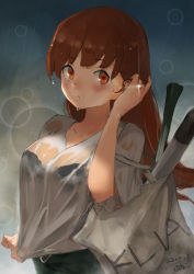 Rule 34 | 1girl, arm up, bad id, bad twitter id, bag, black bra, blush, bra, breasts, brown eyes, brown hair, cleavage, gradient background, green skirt, grey shirt, jewelry, kantai collection, large breasts, long hair, looking at viewer, one-hour drawing challenge, ooi (kancolle), rain, ring, see-through, shirt, shopping bag, skirt, solo, toka (marchlizard), torpedo, underwear, water drop, wedding band