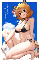Rule 34 | 1girl, :p, alternate costume, animal ears, bare arms, bare legs, bare shoulders, barefoot, bikini, black bikini, blonde hair, blue sky, blush, brown eyes, cloud, commentary request, flower, hair flower, hair ornament, hatagaya, jaguar (kemono friends), jaguar ears, jaguar girl, jaguar tail, kemono friends, looking at viewer, midriff, navel, on one knee, short hair, sky, solo, swimsuit, tail, tongue, tongue out, translation request