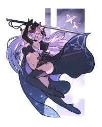 Rule 34 | 1girl, asymmetrical gloves, black bra, black cloak, black gloves, black shorts, black thighhighs, bra, breasts, butterfly hair ornament, cloak, gb cestus, gloves, granblue fantasy, hair ornament, highres, holding, holding sword, holding weapon, katana, large breasts, long hair, narmaya (granblue fantasy), narmaya (the black butterfly) (granblue fantasy), navel, purple eyes, purple hair, revealing clothes, shorts, solo, sword, thighhighs, underwear, weapon