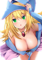 Rule 34 | 1girl, :o, absurdres, arm up, bare shoulders, bent over, blonde hair, blue hat, blush, breasts, brooch, cleavage, commentary, dark magician girl, downblouse, gem, green eyes, hand on headwear, hanging breasts, hat, highres, jewelry, kitora (kisekinonameko), large breasts, long hair, looking at viewer, off shoulder, open mouth, red gemstone, simple background, solo, vambraces, very long hair, white background, wizard hat, yu-gi-oh!