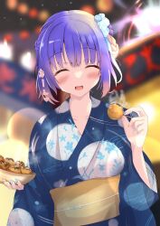 Rule 34 | 1girl, ^ ^, absurdres, alternate costume, backlighting, blue hair, blue kimono, blue nails, blunt bangs, blurry, blurry background, blush, braid, closed eyes, commentary request, dango, facing viewer, festival, floral print, food, french braid, gradient hair, hair between eyes, hair ornament, hand up, happy, heart, highres, holding, holding food, holding tray, incoming food, japanese clothes, kanzashi, kimono, kohibari kurumi, lens flare, long sleeves, medium hair, multicolored hair, nail polish, night, open mouth, outdoors, pink hair, purunyara, smile, solo, steam, straight-on, tenshi souzou re-boot!, translated, tray, upper body, wagashi, wide sleeves, yellow nails