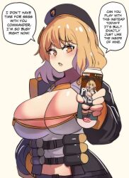 Rule 34 | 1girl, anis (nikke), blonde hair, breasts, cleavage, english text, goddess of victory: nikke, hat, highres, hinghoi, holding, huge breasts, large breasts, light blush, looking at viewer, medium hair, meme, open mouth, orange eyes, seggs (meme), solo, speech bubble, upper body