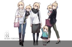 Rule 34 | :&lt;, :t, aged down, ahoge, artoria pendragon (all), artoria pendragon (fate), bag, black footwear, black scarf, black shirt, black skirt, black socks, blonde hair, blue eyes, blush, braid, carrying, character name, closed mouth, coffee cup, converse, cup, disposable cup, fate/stay night, fate (series), french braid, grey scarf, hair ornament, hairclip, hand grab, handbag, high heels, holding, holding cup, kneehighs, long sleeves, looking at viewer, middle finger, mother and daughter, multiple persona, openvl, pants, pantyhose, parted lips, pleated skirt, red footwear, saber (fate), scarf, school uniform, serafuku, shirt, shoes, short hair with long locks, short sleeves, sidelocks, skirt, smile, sneakers, socks, white legwear