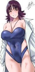 Rule 34 | 1girl, absurdres, blue one-piece swimsuit, blush, breasts, brown eyes, casual one-piece swimsuit, clothing cutout, competition swimsuit, covered navel, creatures (company), curvy, dated, game freak, gluteal fold, groin, highleg, highleg swimsuit, highres, jewelry, lab coat, large breasts, necklace, nintendo, one-piece swimsuit, philena ivy, pokemon, pokemon (anime), pokemon (classic anime), purple hair, ring, ring necklace, shiki (love-saber), shiny skin, side cutout, signature, simple background, smile, strapless, strapless one-piece swimsuit, swimsuit, swimsuit under clothes, thigh gap, wet, white background, wide hips