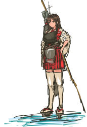 Rule 34 | 10s, 1girl, akagi (kancolle), arrow (projectile), bow (weapon), brown eyes, brown hair, geta, highres, kantai collection, long hair, muneate, nameo (judgemasterkou), nontraditional miko, over shoulder, quiver, skirt, solo, standing, standing on liquid, thighhighs, weapon, weapon over shoulder, wide sleeves, zettai ryouiki