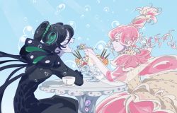 Rule 34 | 1boy, 1girl, aculeatus, akihiko (sw4553), black hair, brother and sister, feeding, food, from side, houseki no kuni, ice cream, monster girl, pink hair, pocky, see-through, siblings, sitting, smile, ventricosus