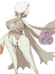 Rule 34 | 1girl, artist request, blush, breasts, cleavage, creatures (company), female focus, flower, full body, game freak, gen 4 pokemon, highres, large breasts, nintendo, nipples, no humans, plant girl, pokemon, pokemon (creature), red eyes, roserade, see-through, short hair, solo, standing, white hair, wide hips