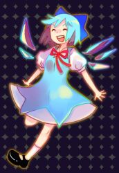 Rule 34 | 1girl, bad id, bad pixiv id, bow, cirno, female focus, happy, smile, solo, embodiment of scarlet devil, tomoya (artist), touhou, wings