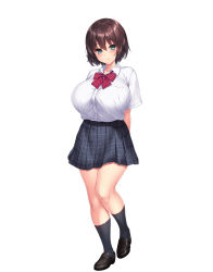 Rule 34 | 1girl, aqua eyes, arms behind back, bob cut, bow, breasts, brown hair, courreges accel, full body, highres, large breasts, loafers, looking at viewer, original, pleated skirt, school uniform, shirt, shoes, short hair, simple background, skirt, solo, tented shirt, uniform, white background