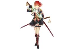 Rule 34 | 1girl, boots, city forest online, detached sleeves, epaulettes, fishnet thighhighs, fishnets, flower knight girl, frilled skirt, frills, full body, gloves, glowing, glowing weapon, holding, holding weapon, knee boots, looking at viewer, red hair, short hair, skirt, smile, solo, standing, thighhighs, thighhighs under boots, transparent background, tsubaki (flower knight girl), weapon, yellow eyes
