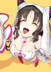Rule 34 | 10s, 1girl, :d, absurdres, arms up, bare shoulders, black hair, boots, breasts, cleavage, collarbone, commentary request, eyelashes, facial mark, fate/extra, fate/extra ccc, fate (series), forehead mark, from above, full body, highres, horns, large breasts, long hair, looking at viewer, looking up, medium breasts, open mouth, oshin0 (zheng), outstretched arm, pink footwear, red thighhighs, revision, sessyoin kiara, simple background, smile, solo, standing, strap slip, tattoo, teeth, thigh boots, thighhighs, tongue, tongue out, upper body, wavy hair, yellow background, yellow eyes