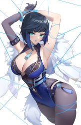 Rule 34 | 1girl, absurdres, aqua eyes, armpits, arms behind back, arms up, black gloves, black hair, black pantyhose, blue hair, blue leotard, blunt bangs, blush, bound, bound arms, bracelet, breasts, cleavage, coat, unworn coat, covered collarbone, cowboy shot, diagonal bangs, dice, elbow gloves, fur-trimmed coat, fur trim, genshin impact, gloves, gradient hair, heart, heart-shaped pupils, highres, jewelry, large breasts, leotard, looking at viewer, mole, mole on breast, multicolored hair, open mouth, pantyhose, shenqi xiao hong zai nali, short hair, simple background, single glove, skindentation, solo, symbol-shaped pupils, tassel, vision (genshin impact), white background, white coat, yelan (genshin impact)