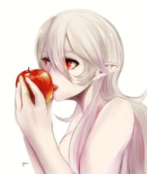 Rule 34 | 1girl, apple, bare shoulders, biting, breasts, corrin (female) (fire emblem), corrin (fire emblem), eating, fire emblem, fire emblem fates, food, fruit, hair between eyes, hairband, holding, holding food, holding fruit, intelligent systems, long hair, neck, nintendo, nude, open mouth, pointy ears, red apple, red eyes, signature, silver hair, simple background, slit pupils, solo, straight hair, tongue, topless frame, unworn hairband, upper body, very long hair, white background, yori (a a yori)